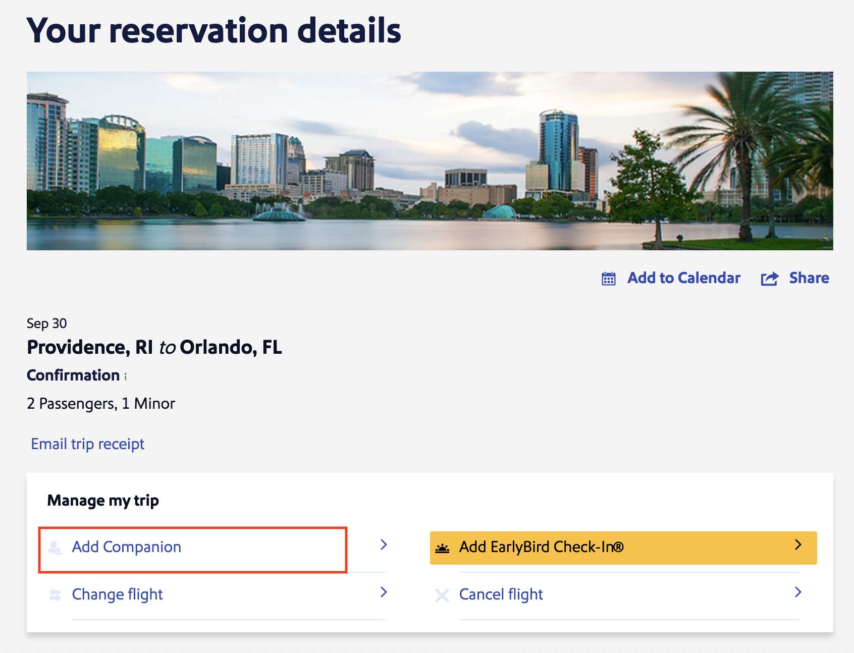 Screenshot of a flight reservation page showing a trip from Providence, RI to Orlando, FL for 2 passengers and 1 minor, with options to add a companion using your Southwest Companion Pass, check in early, change, or cancel the flight.
